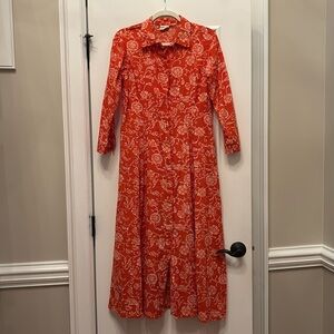 Button-Front Red Floral Midi Shirt Dress